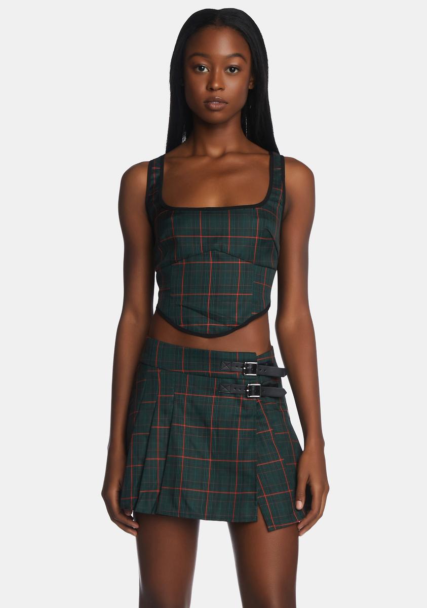 Motel Plaid Corset Crop Top - Tartans Green