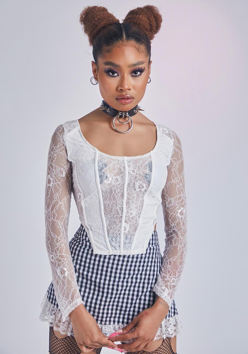 Long Sleeve Lace Corset Top - White