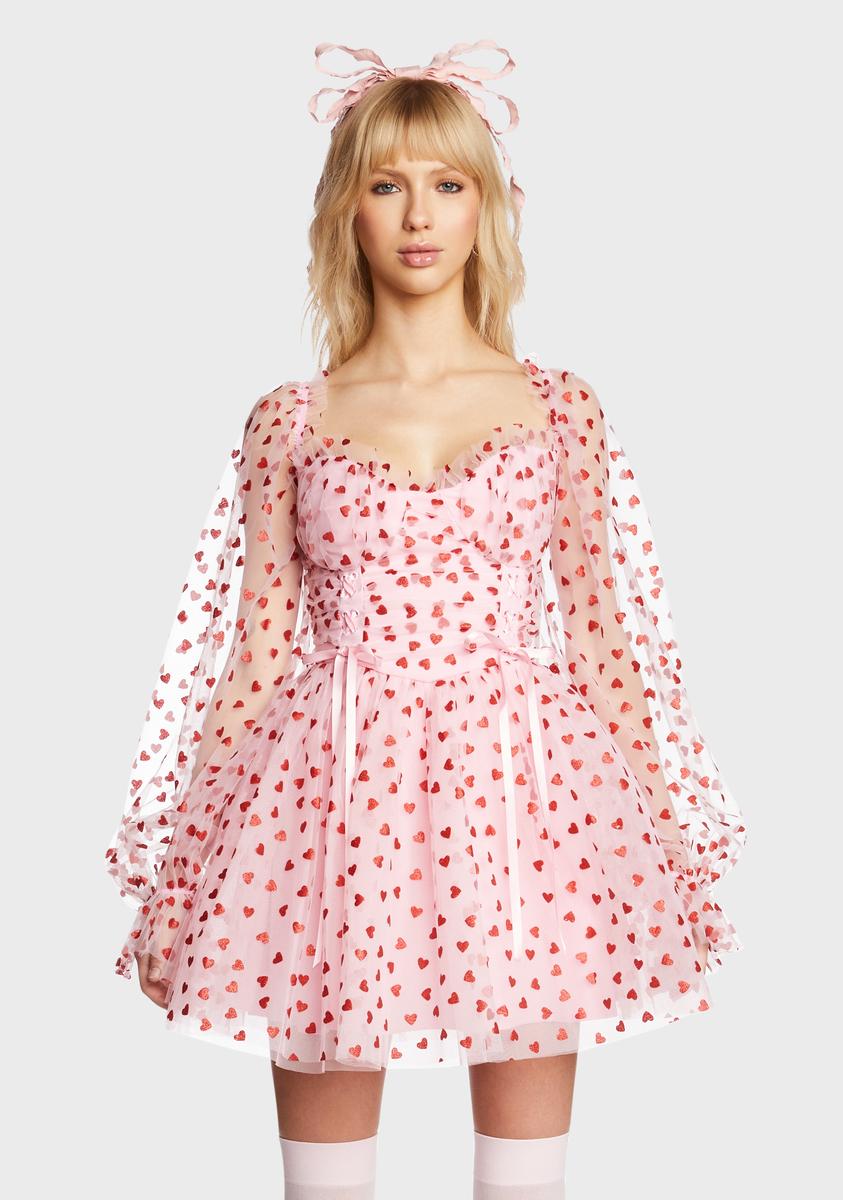 Sugar Thrillz Tulle Heart Flocked Babydoll Mini Dress - Pink