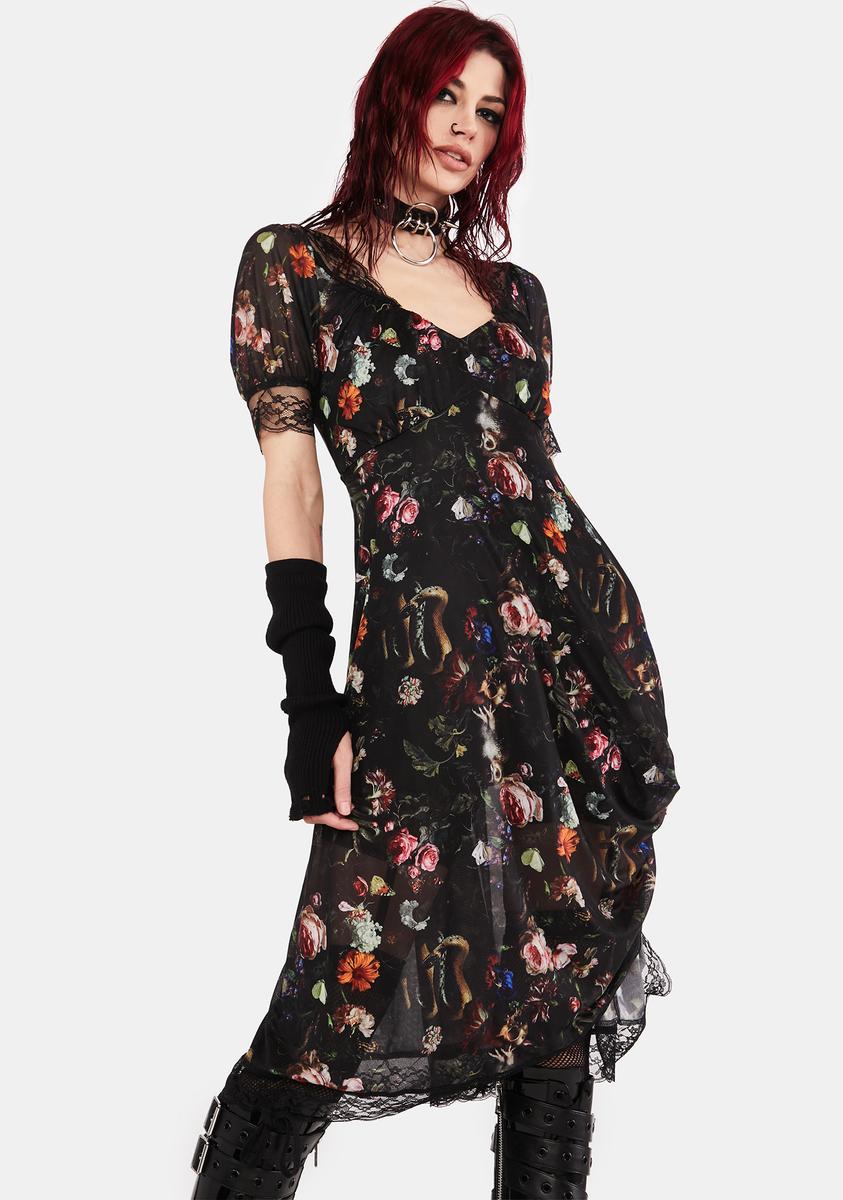 Short Puff Sleeve Lace Trim Sheer Overlay Midi Dress - Floral Dolls Kill Short Puff Sleeve Lace Trim Sheer Overlay Midi Dress - Floral Dolls Kill