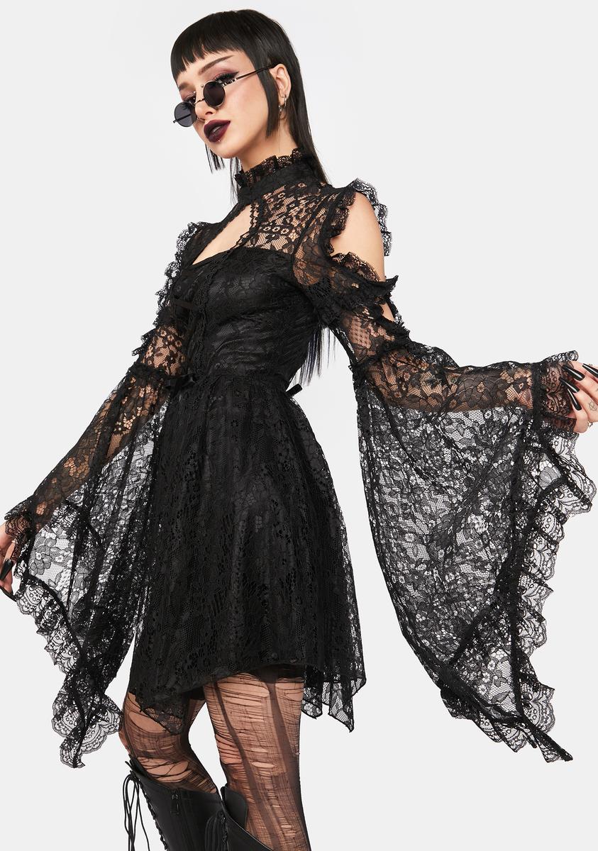 Dark In Love Lace Bell Sleeve Lace-Up Mini Dress - Black Dolls Kill Dark In Love Lace Bell Sleeve Lace-Up Mini Dress - Black Dolls Kill