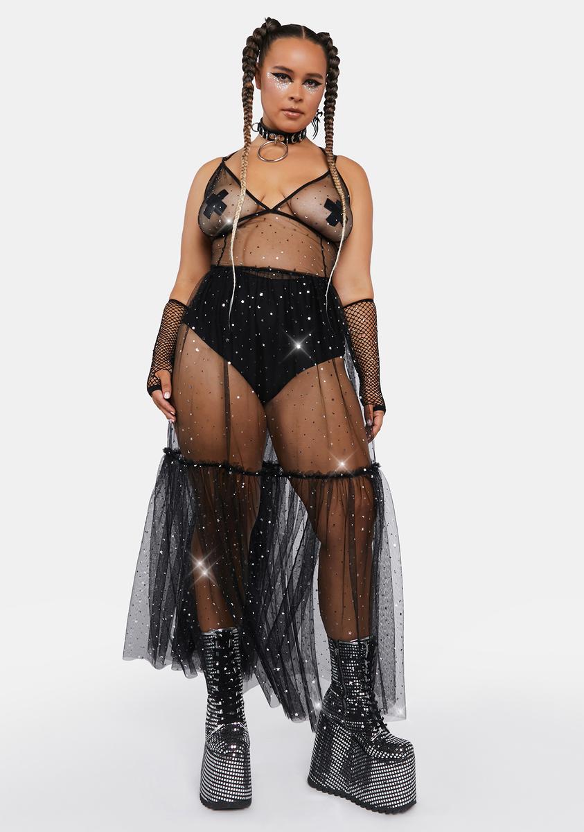 Plus Size Club Exx Sheer Mesh Glitter Stars And Moon Maxi Dress