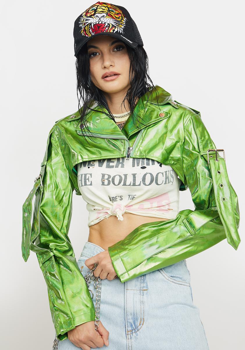 Cropped Metallic Shrug Moto Jacket - Green – Dolls Kill