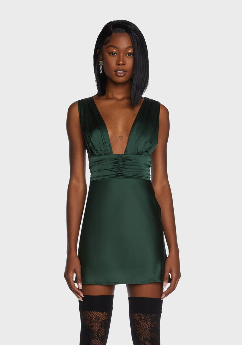Ruched Detail Satin Plunge Neck Mini Dress - Green Dolls Kill Ruched Detail Satin Plunge Neck Mini Dress - Green Dolls Kill