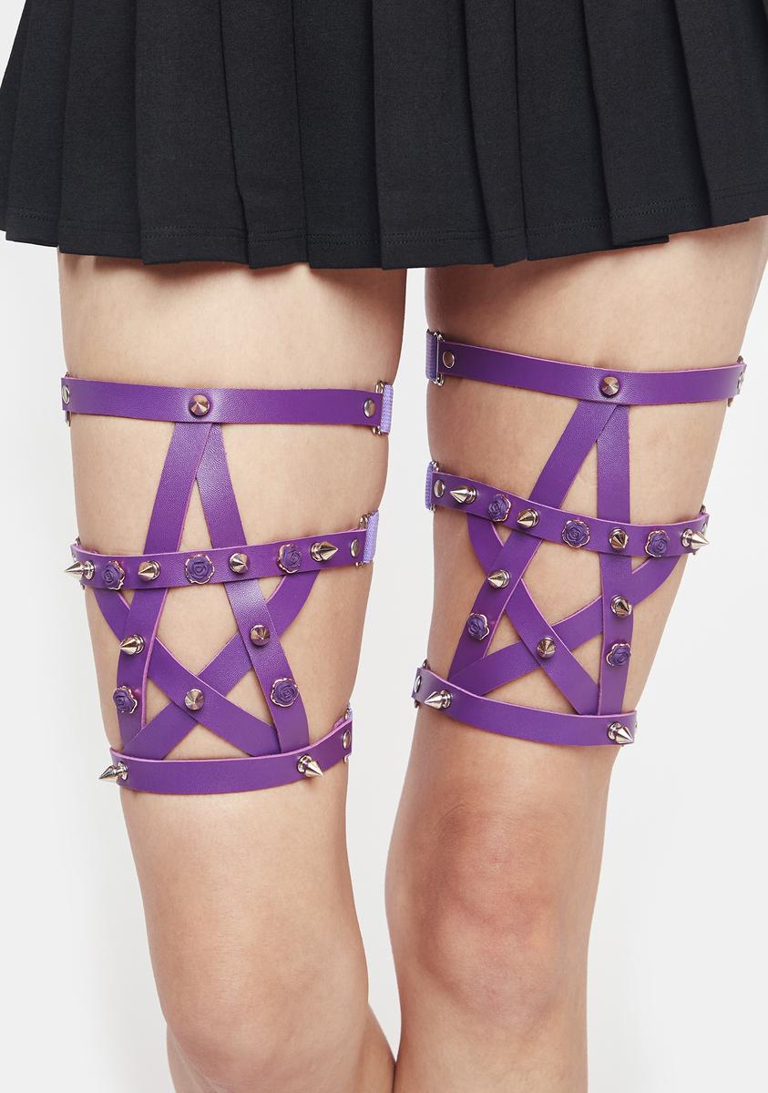 Vegan Leather Strappy Star Studded Rose Leg Harness - Purple 