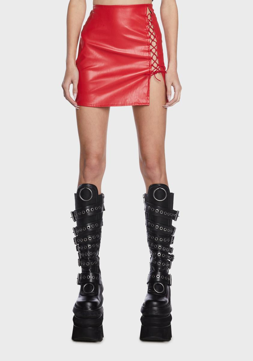 Red leather lace skirt new arrivals