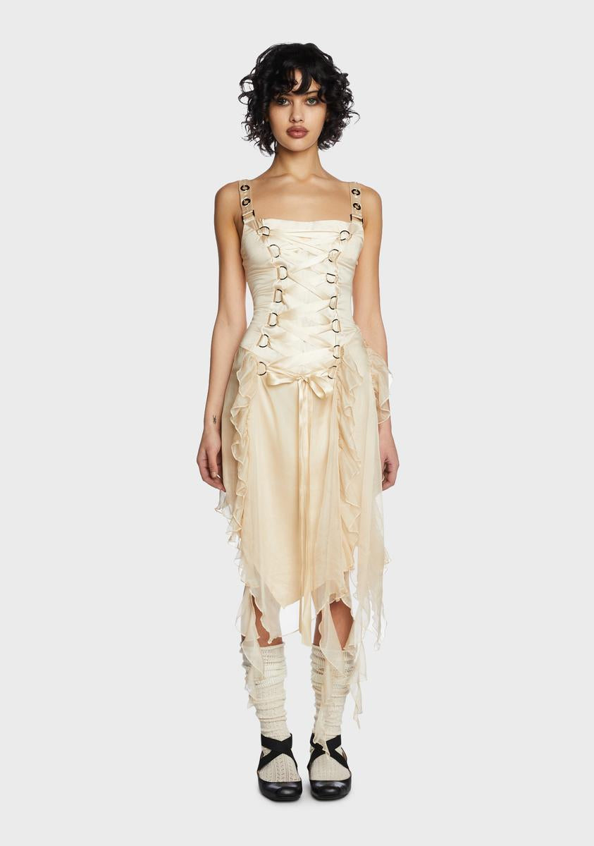 Current Mood Lace Up Ruffle Asymmetric Midi Dress - Off White