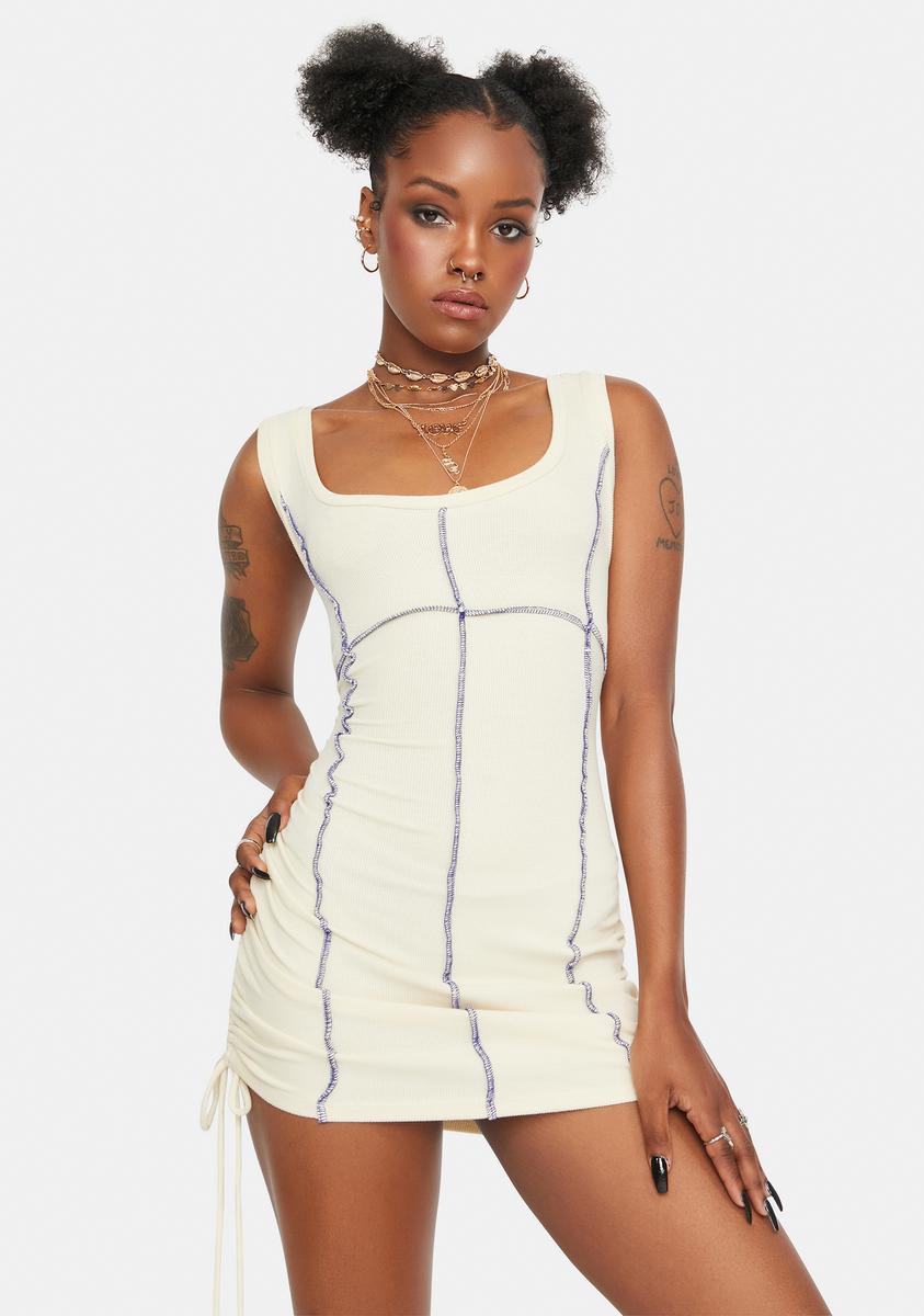 Contrast Stitch Ruched Tank Mini Dress - Cream Dolls Kill Contrast Stitch Ruched Tank Mini Dress - Cream Dolls Kill