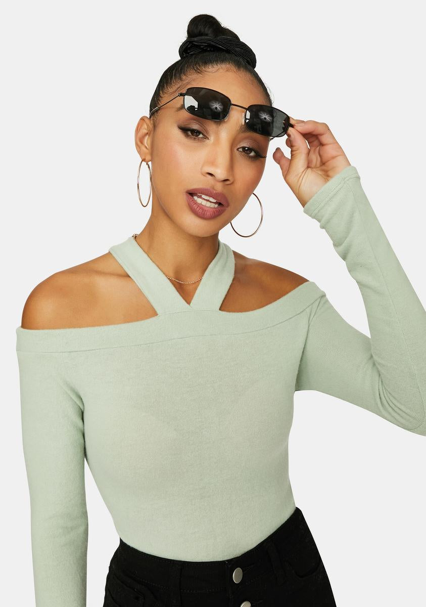 Off The Shoulder Halter Long Sleeve Crop Top Mint Green Dolls Kill