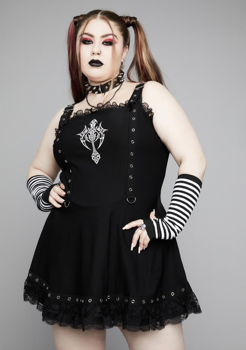 Plus Size Widow Cross Embroidered Mini Dress With Eyelet Buckle Straps Dolls Kill Plus Size Widow Cross Embroidered Mini Dress With Eyelet Buckle Straps Dolls Kill