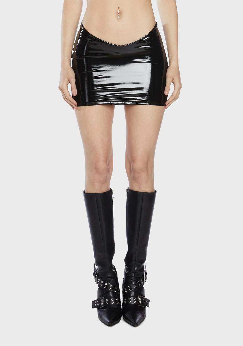 V Cut Vinyl Mini Skirt - Black