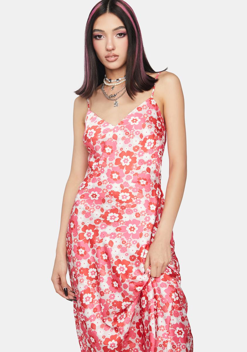 Floral Open Back Midi Slip Dress - Dark Pink Dolls Kill Floral Open Back Midi Slip Dress - Dark Pink Dolls Kill