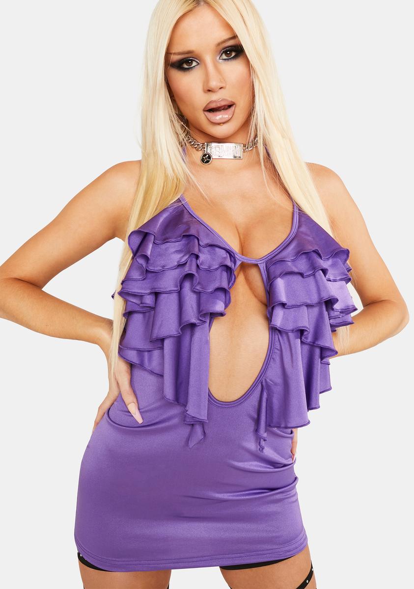 purple club dress Horoscopez Gemini Ruffled Cut Out Halter Bodycon Mini Dress