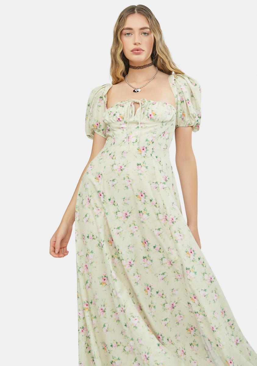 Floral Short Puff Sleeve Side Slit Maxi Dress - Yellow Dolls Kill Floral Short Puff Sleeve Side Slit Maxi Dress - Yellow Dolls Kill
