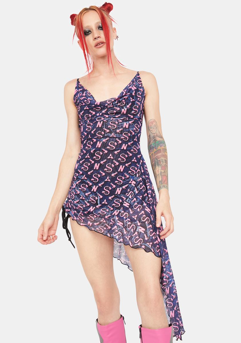 Namilia Mesh Ruched Print Dress Blue Dolls Kill