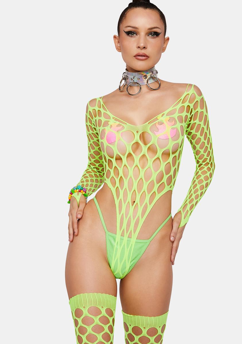 High Cut Wide Fishnet Bodysuit And Stockings Set - Neon Green Dolls Kill High Cut Wide Fishnet Bodysuit And Stockings Set - Neon Green Dolls Kill