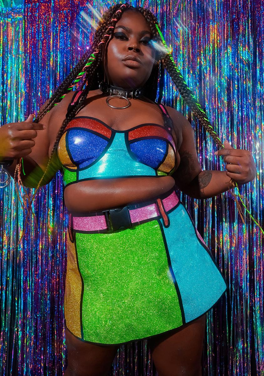 Plus Size Club Exx Glitter Vinyl Colorblock Mini Skirt Rainbow