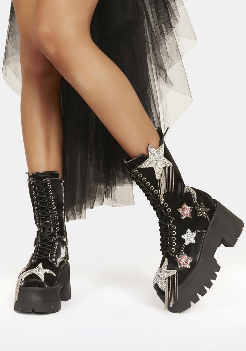 Club Exx Sequin Star Platform Combat Boots Black/Silver/Gold