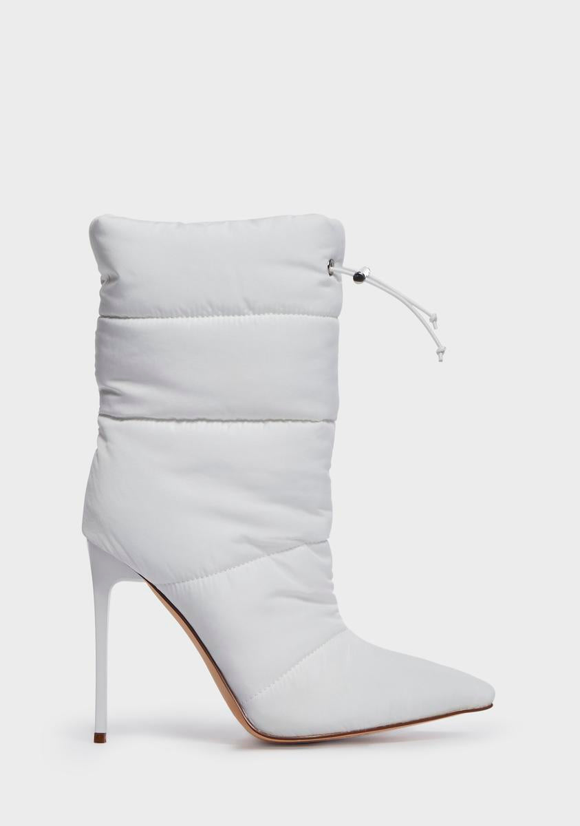 Quilted Puffer Stiletto Heel Boots White