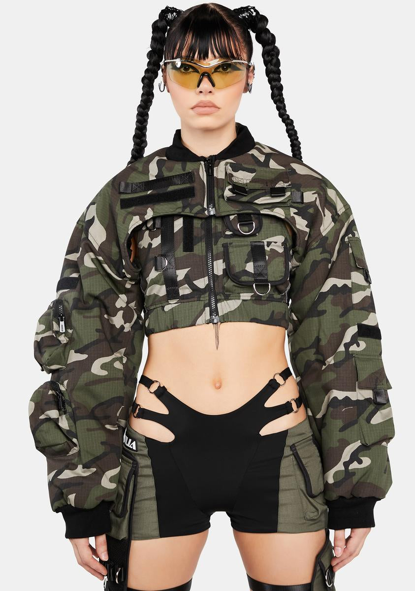 Namilia Super Cropped Camo Print Bomber Jacket Green – Dolls Kill