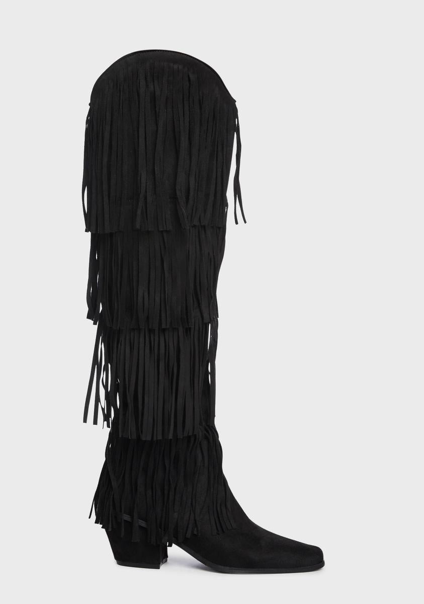 Fringe Suede Cowboy Boots Black Dolls Kill