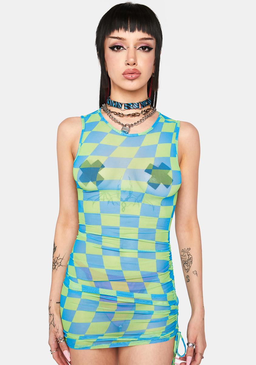 Sheer Checkered Mini Dress - Green – Dolls Kill
