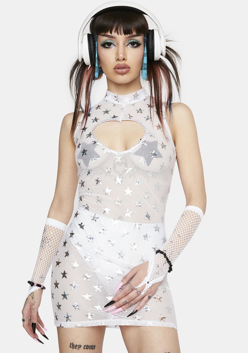 Roma Holographic Star Print Mesh Mini Dress - White/Silver Dolls Kill Roma Holographic Star Print Mesh Mini Dress - White/Silver Dolls Kill