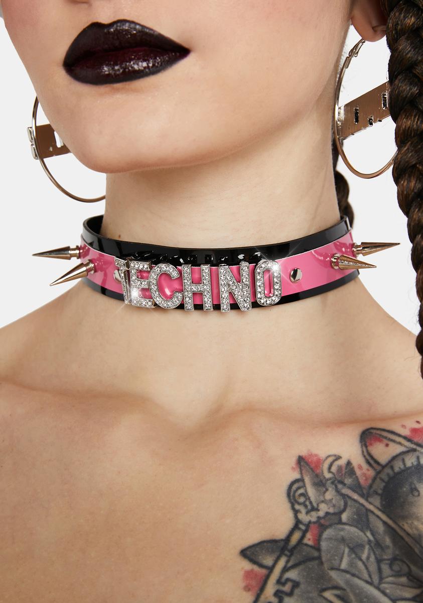 Techno Rhinestone Spiked Choker Necklace - Pink/Black