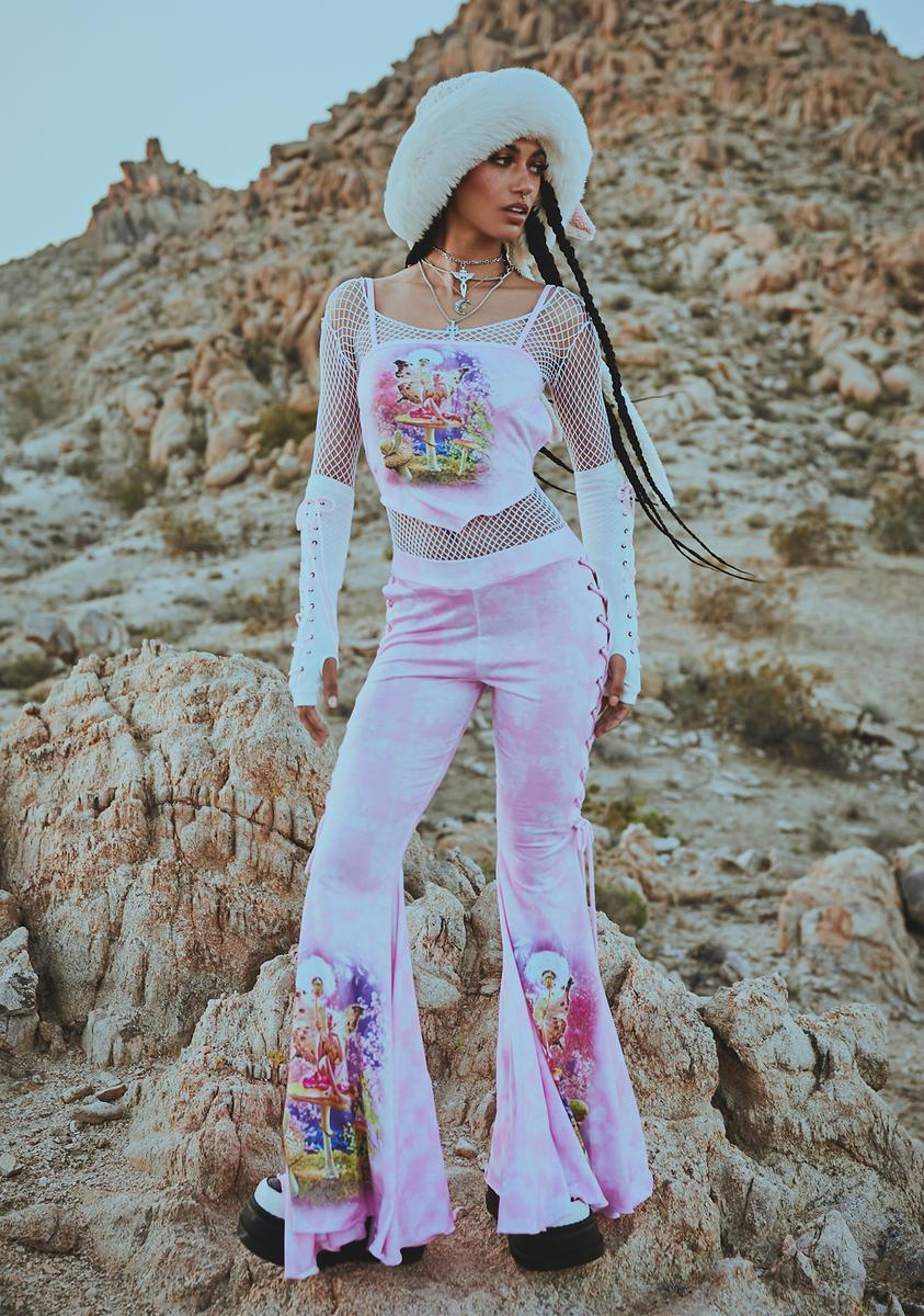 Dolls Kill X The Mountain Fairy Tie Dye Graphic Lace Up Flare Pants - Pink