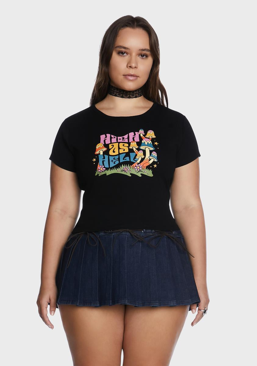 Plus Size Current Mood High As Hell Mushroom Graphic Baby Tee Black