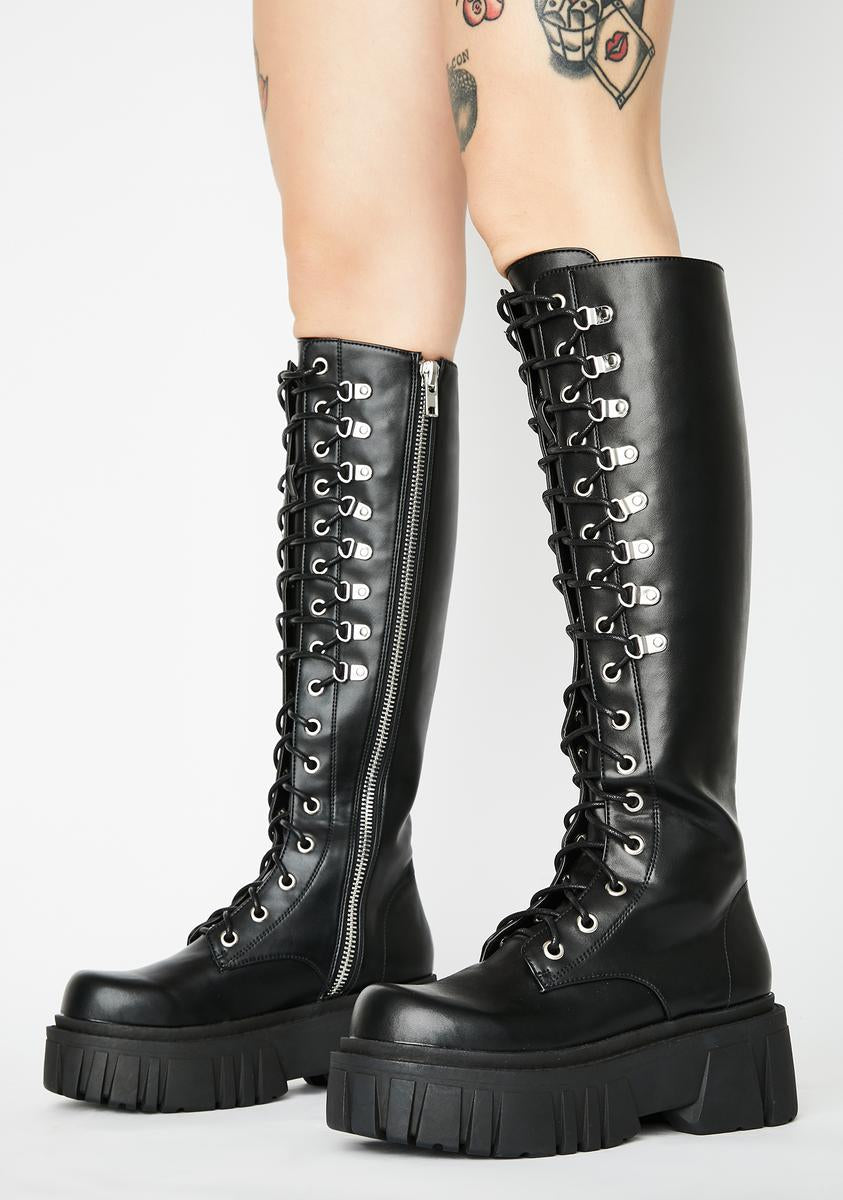 Current Mood Vegan Leather Knee High Combat Boots Black – Dolls Kill