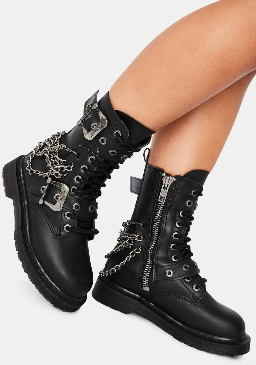 Demonia Bolt 250 Eyelet Buckle Strap Combat Boots – Dolls Kill display picture 3
