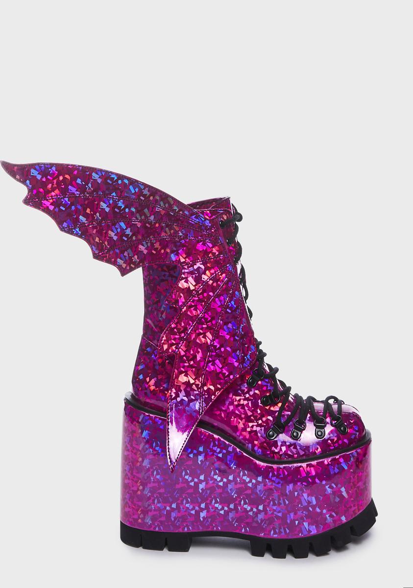 Club Exx Holographic Lace Up Butterfly Platform Boots - Pink