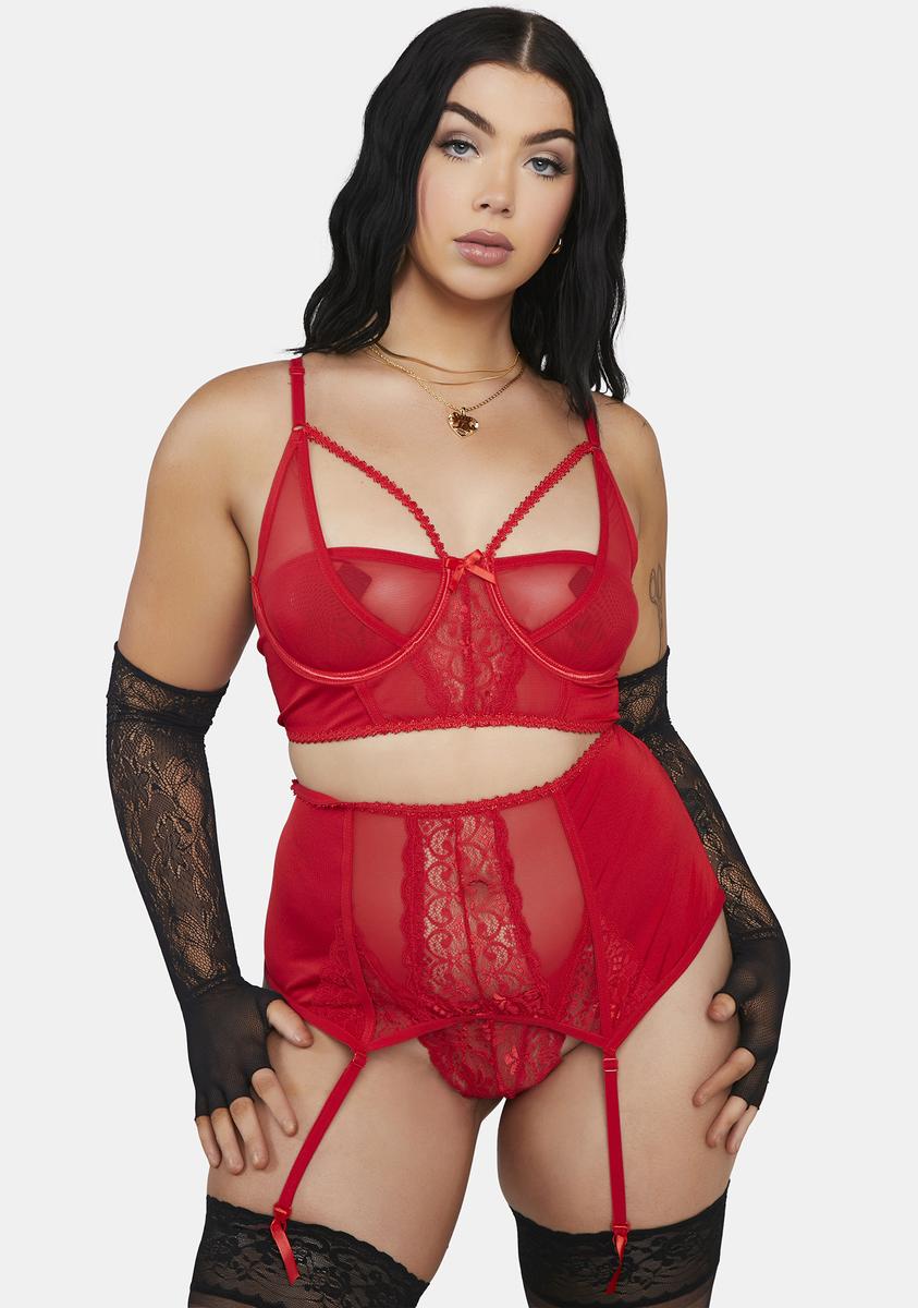 Plus Size Sheer 3 Piece Lingerie Set - Red  Dolls Kill
