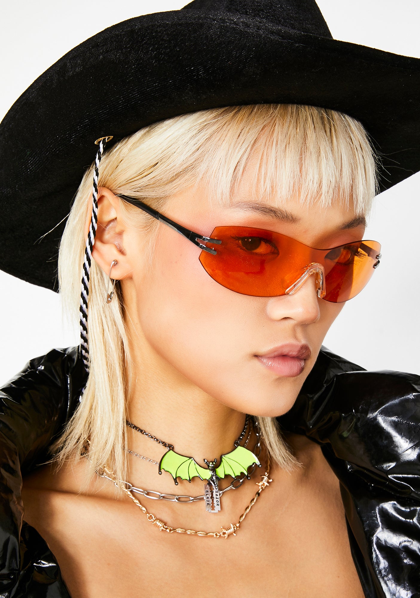 Dolls Kill Orange Rectangular Screw-Embellished Sunglasses Rectangle Rhinestone Embellished Sunglasses - Black Red  main image 2