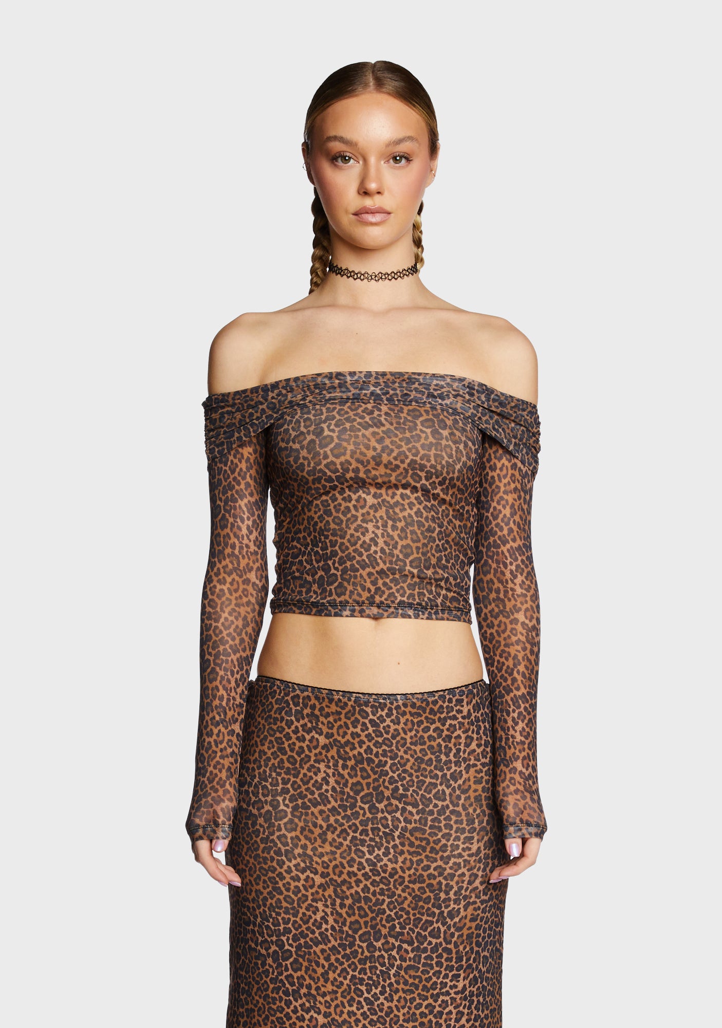 Motel Off The Shoulder Crop Top Mesh Rar Leopard – Dolls Kill