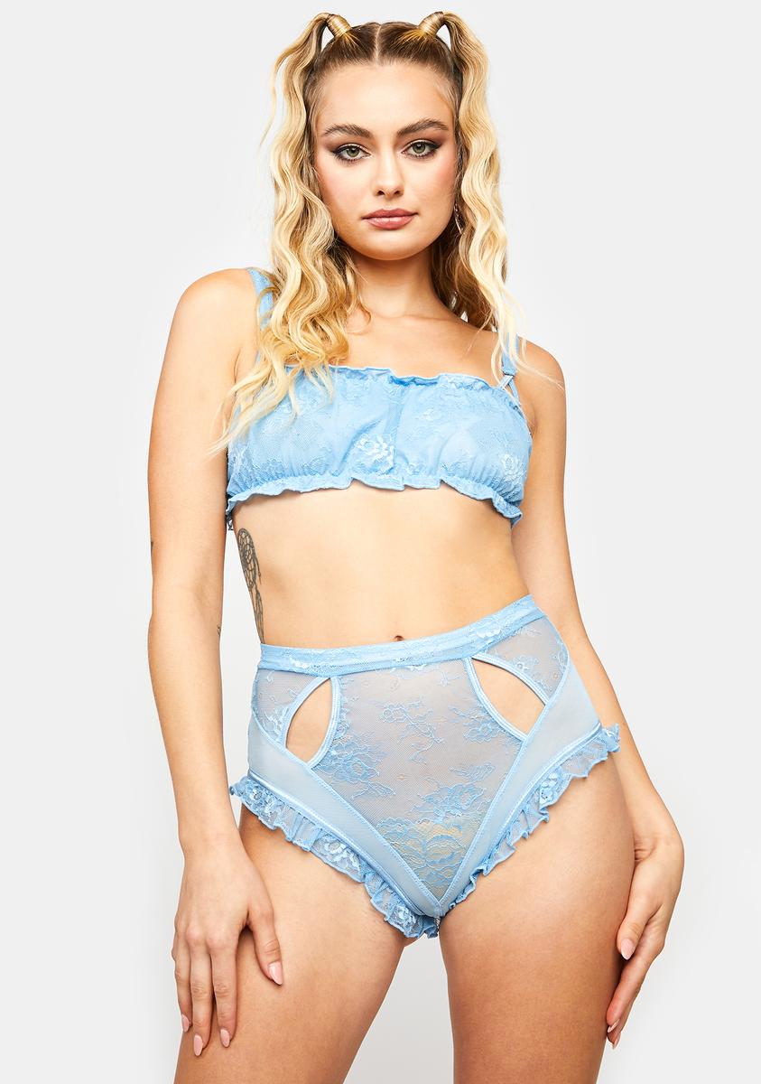Sheer Lace Two Piece Bra And High Waist Panty Set - Blue