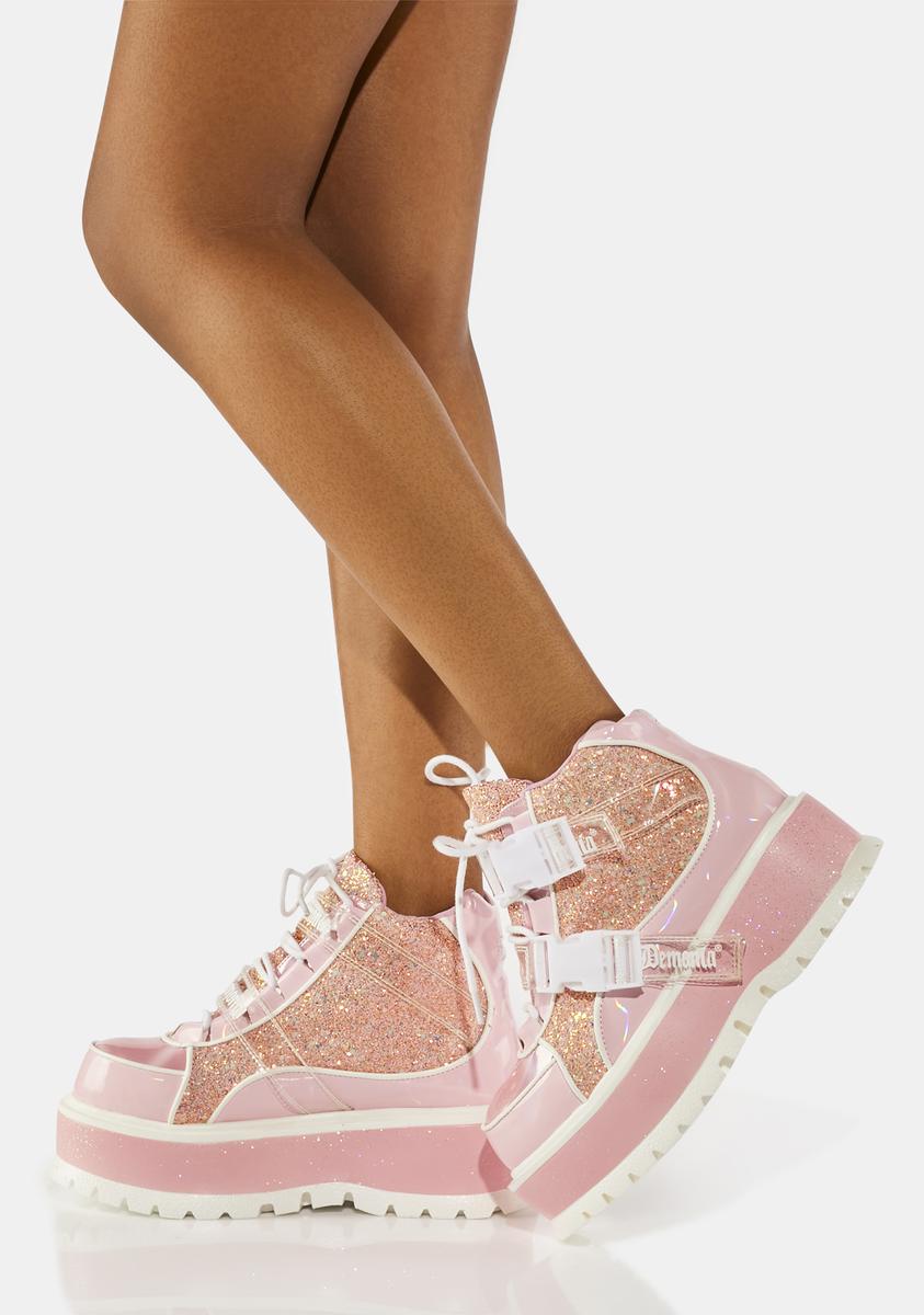 Demonia Holographic Glitter Platform Ankle Boots Pink – Dolls Kill