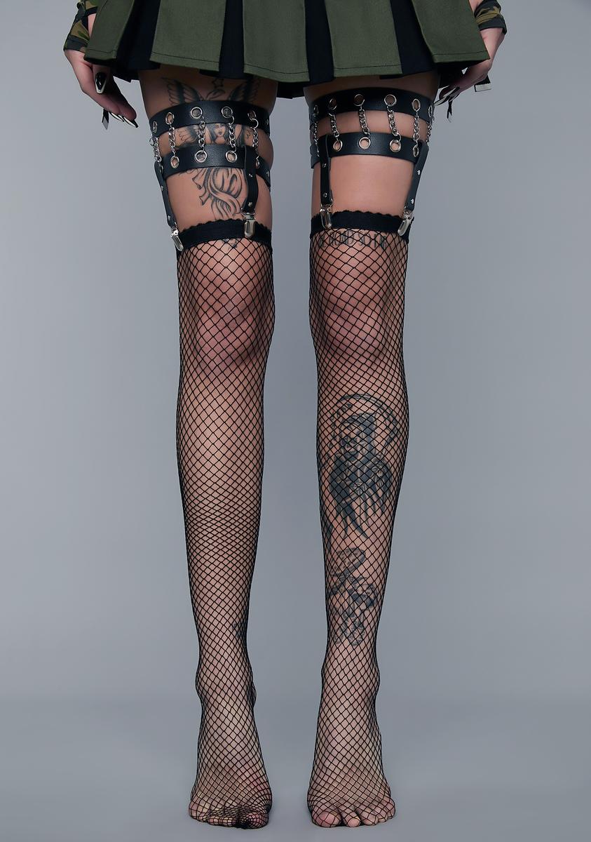 Widow Fishnet Thigh High Tight Chain Thigh Garter Set - Black