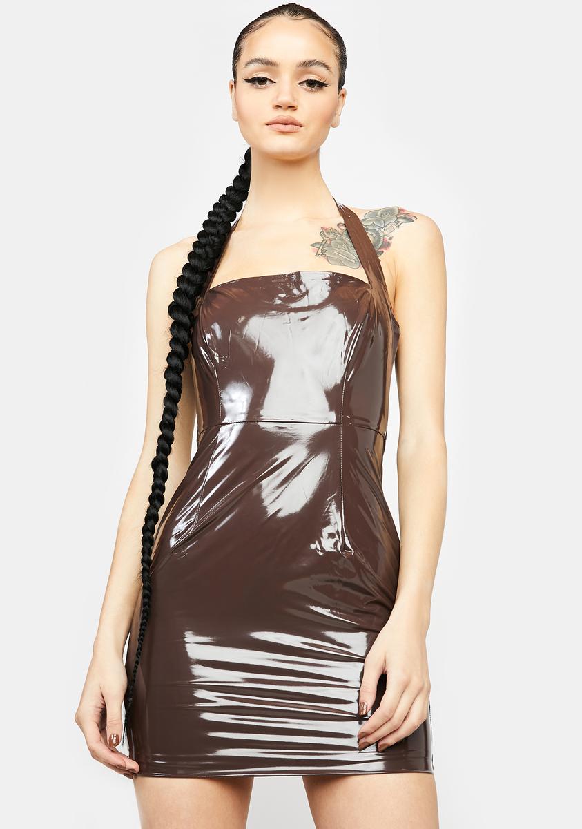 brown vinyl dress Soft-Jersey Boat-Neck Draped Mini Dress in Chocolate Brown - XL