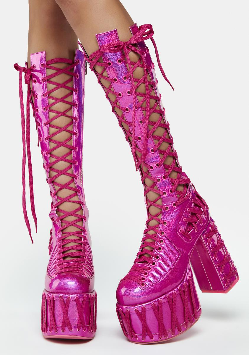Glitter Neon Pink Knee High Boots Pink Glitter Thigh High Boots
