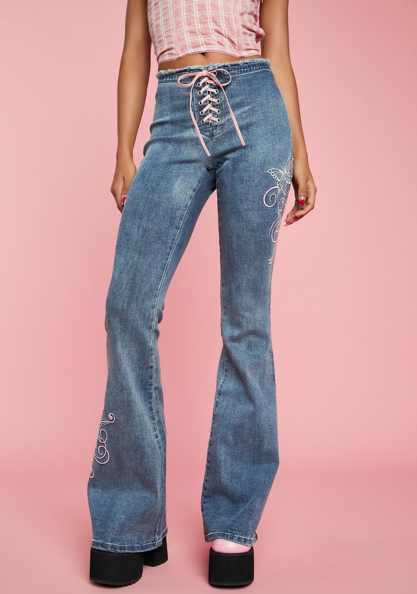 Sugar Thrillz Embroidered Butterfly Flared Jeans - Blue