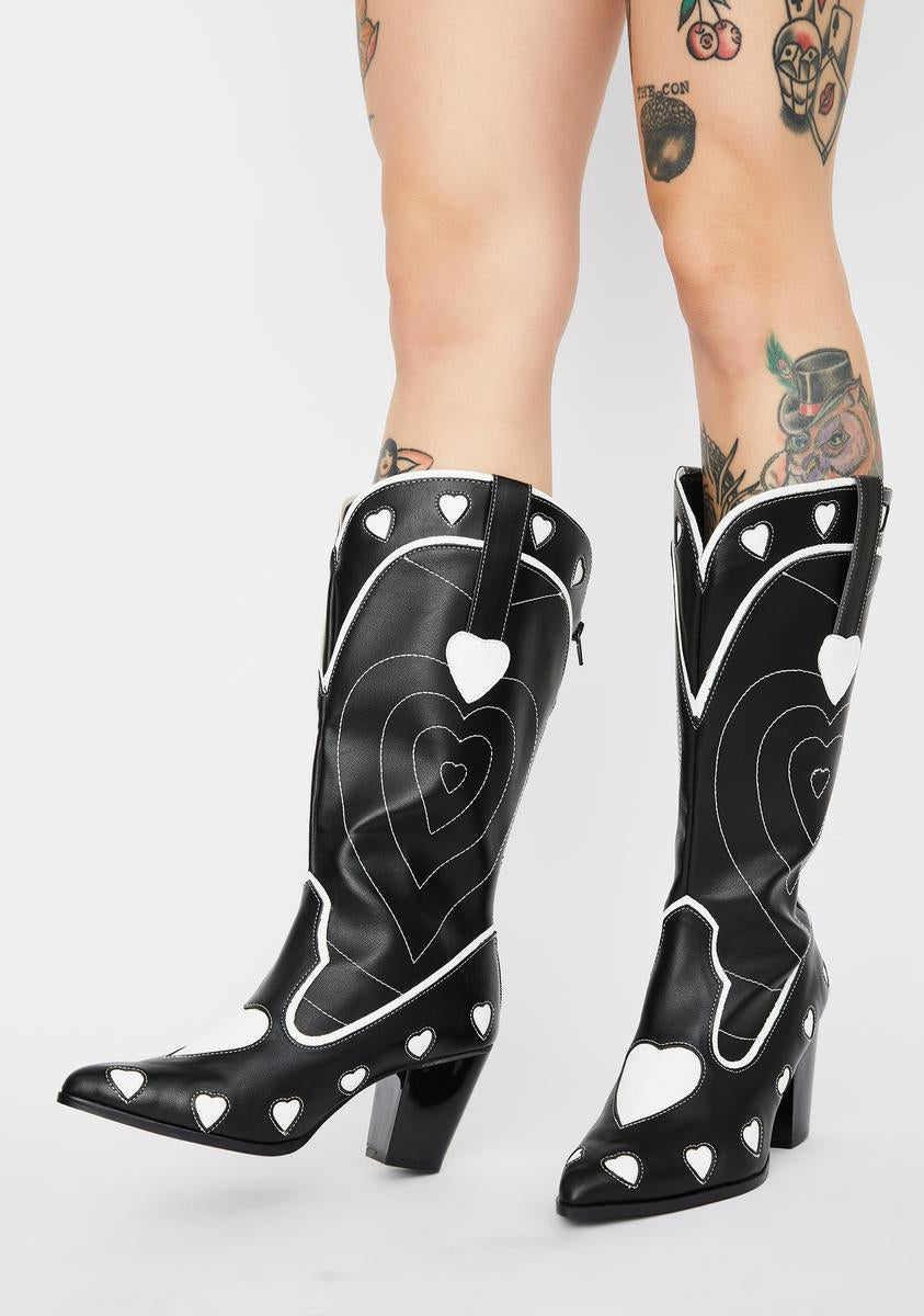 Vegan Leather Heart Cowboy Boots Black/White – Dolls Kill