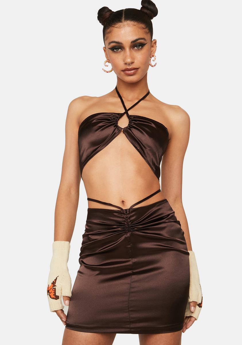 Satin Halter Strappy Mini Dress - Brown Dolls Kill Satin Halter Strappy Mini Dress - Brown Dolls Kill