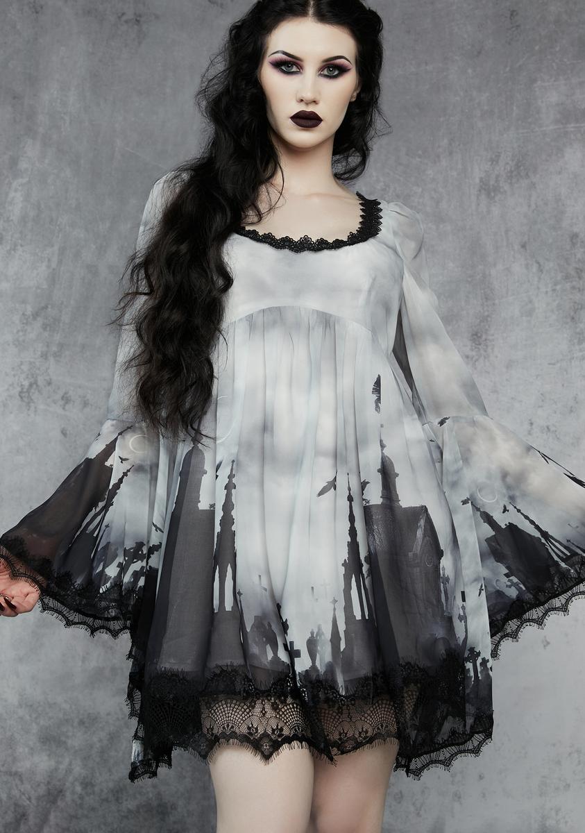 Widow Graveyard Print Babydoll Mini Dress - Gray/Black