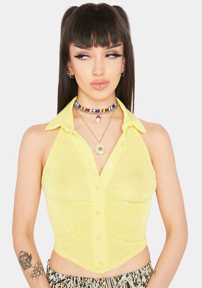 Ruched Halter Collared Crop Top Yellow Dolls Kill