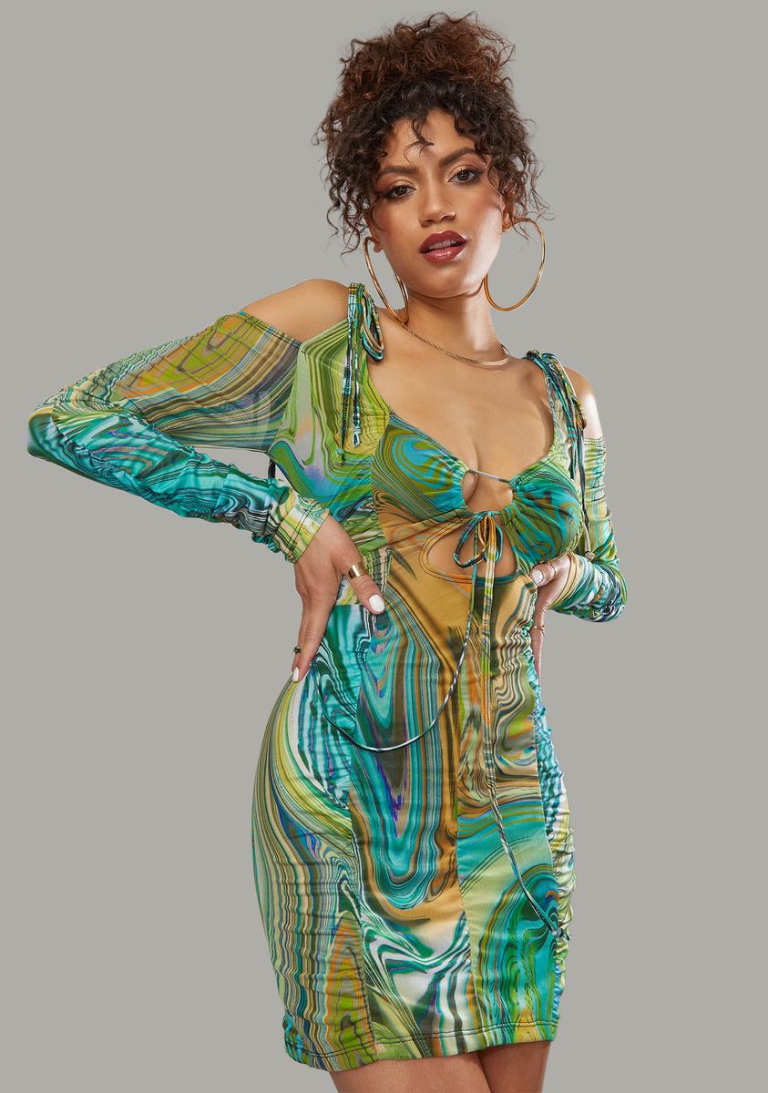 Poster Grl Swirl Print Tie Front Bodycon Mini Dress