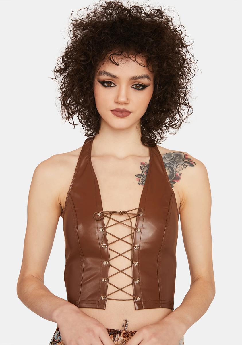 Vinyl Lace Up Front Halter Crop Top Brown – Dolls Kill