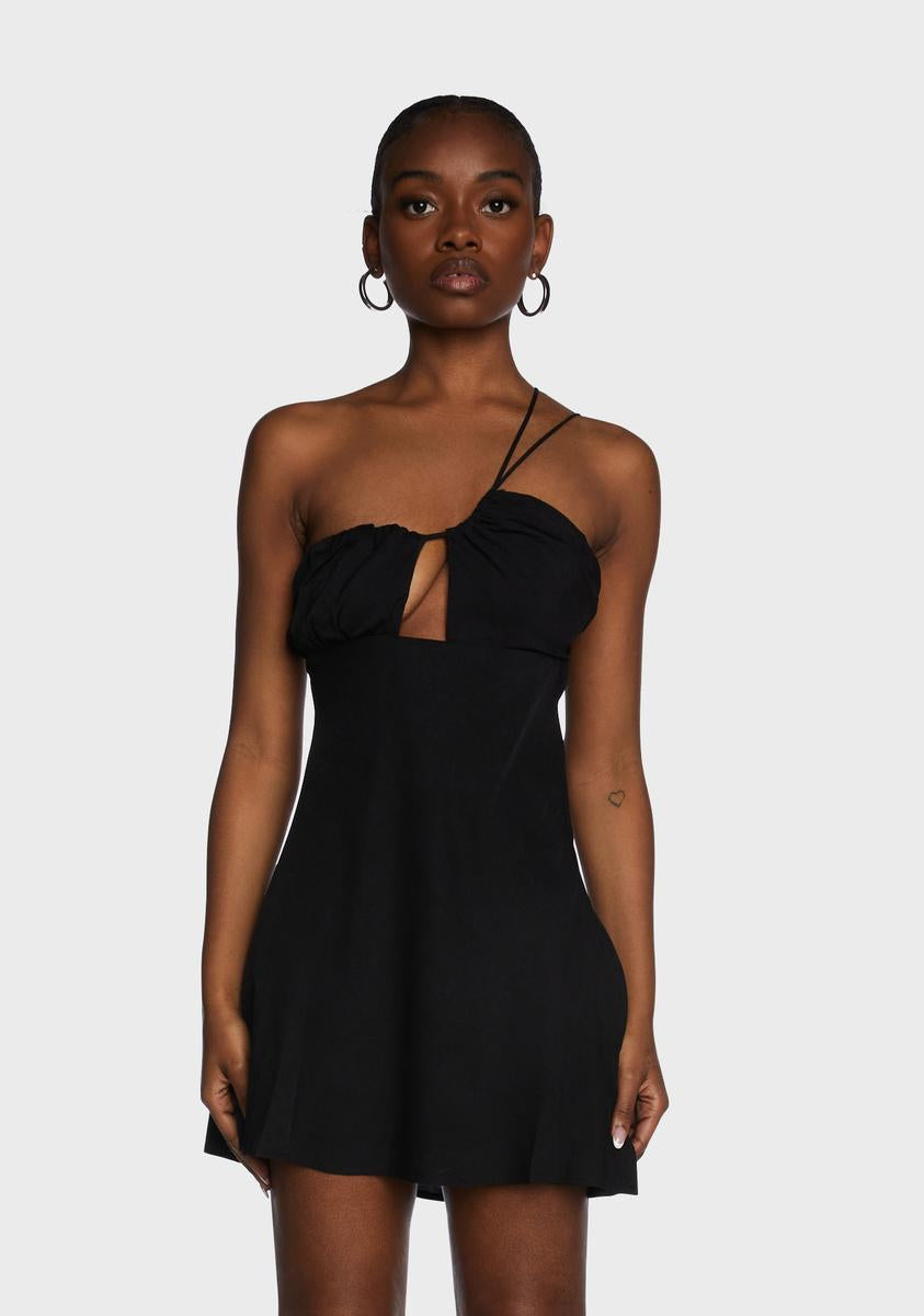 black mini dress fast shipping Cut Out Asymmetrical Shoulder Strap Mini Dress