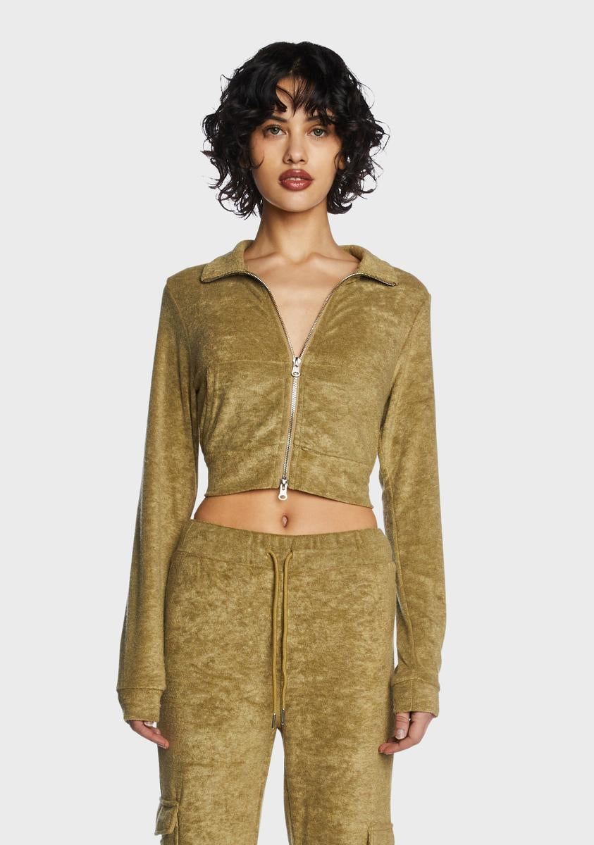 Pretty Garbage Velour Two Way Zip Crop Jacket - Green